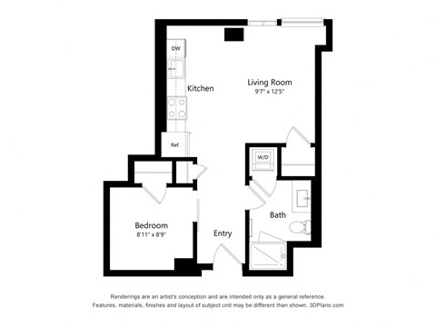 Floor plan for 1 bed, 1 bath, 502 sqft